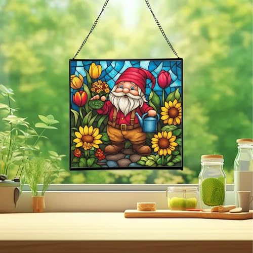 Spring Garden Gnome Stained Glass Suncatcher – Square Hanging Window Panel for Home or Greenhouse – Whimsical Glass Art Gift for Garden Lovers, Christmas, Halloween, Father Days YhRWhP - Image 2