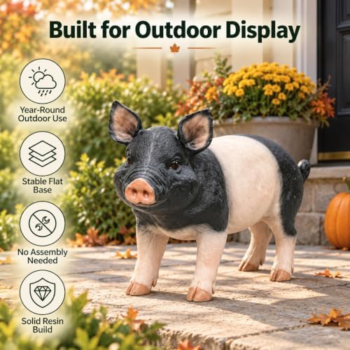Garden Pig Statue, 26" Realistic Resin Pig Figurine, Pink & Black - Image 4