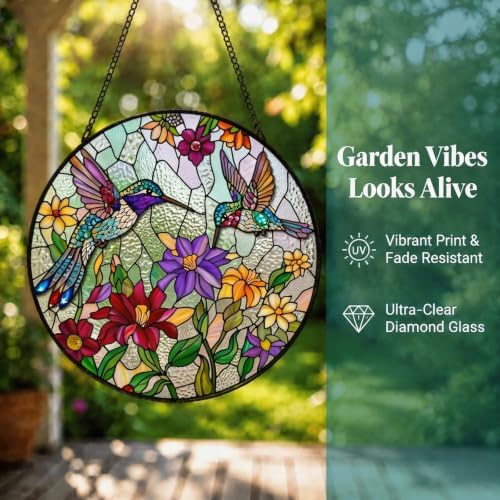 Window Hanging Suncatcher | 3D Embossed Stained Glass Hummingbird & Flowers Design | Diamond Glass Rainbow Catcher with Crystal Chime & Cat Hook Gift Set -Large - Image 7