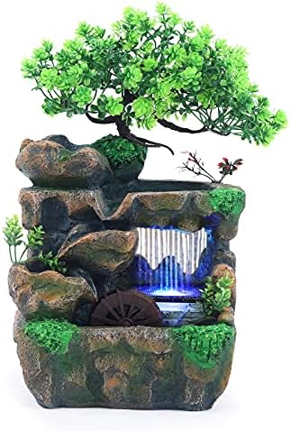 Water Fountain Rockery Ornaments with Waterfall & LED Colorful Lights Mini Desktop Waterfall Small Rockery for Office, Home, Bedroom Desk Decoration by NATICRISI
