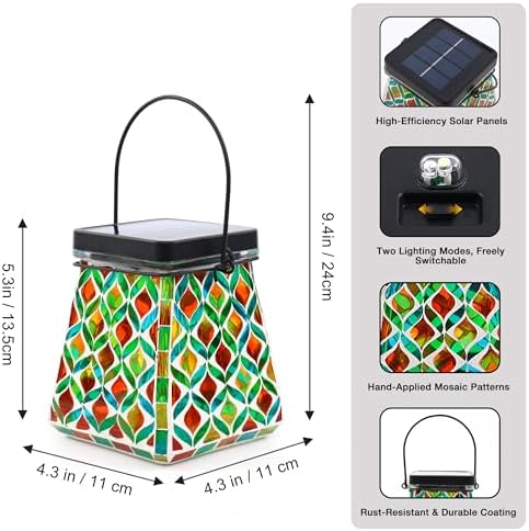 VOREEN Mosaic Solar Lantern, Colorful Mosaic Glass Decorative Lantern for Outdoor Garden & Patio, Tabletop or Hanging Solar Powered Light, Multicolor Geometric Lattice Design - Image 5