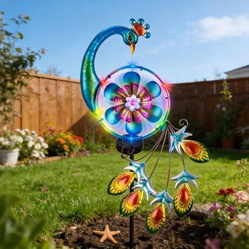 Solar Wind Spinner Peacock Windmill, Outdoor Metal Kinetic Art Wind Sculpture, Multicolor Decor with Jewel Accents, Decorative Peacock Stake Light for Lawn, Garden, Yard - Image 5