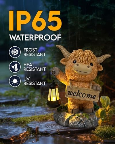 Solar Garden Statue Highland Cow, Whimsical Farm Animal Outdoor Decor with Lantern, Waterproof Resin Garden Yard Patio Gift for Mom Grandma Women - Image 4