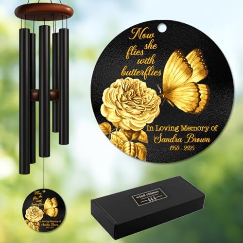 Personalized Butterfly Memorial Wind Chime – “Now They Fly with Butterflies” Custom Name & Years – Sympathy Gift for Loss of Loved One – Outdoor Remembrance Windchimes for Garden or Memorial Space by AlpadilCo