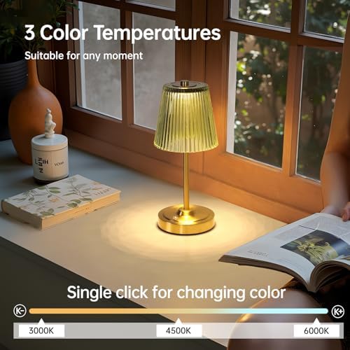 Shenmoyl Cordless Touch Table Lamp with 5200mAh Battery - 3 Adjustable Color Temperatures & Dimmable, Rechargeable Desk Lamp for Bedroom, Living Room, Office, Entryway, Bookshelves (Green Stripe) - Image 3