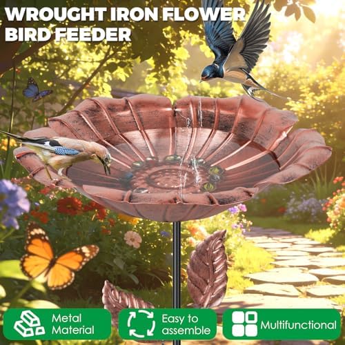 2Pcs Bee Watering Station for Outside,30.7" Metal Flower Bee Bath with Glass Stones,Colorful Butterfly Puddler & Small Bird Feeder with Ground Stake,Decorative Waterer for Garden,Yard,Patio (# B) - Image 3