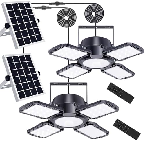 Auzev Solar Shed Light Indoor Outdoor Upgrade 176 LED 4 and 1 Heads Solar Powered Motion Sensor Pandent Daytime Work Lights with 4 Modes Remote Control Security lamp for Garage Gazebo Barn (2 Pack) by Auzev