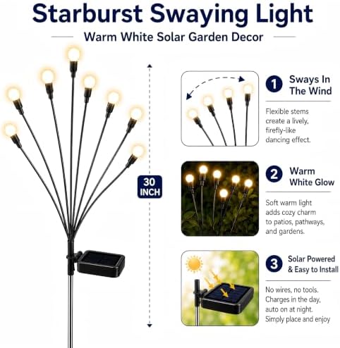 TONULAX Solar Garden Lights - 8 Pack 64 LED Upgraded Solar Swaying Light, Sway by Wind, Outdoor Lights, Yard Patio Pathway Decoration, High Flexibility Iron Wire & Heavy Bulb Base, Warm White - Image 2