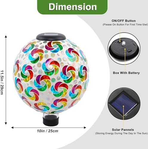 SAVENNA Mosaic Solar Gazing Ball 10 Inch, Glass Garden Globe with Auto On/Off for Yard, Lawn & Outdoor Decor, Multicolor Mosaic - Image 2