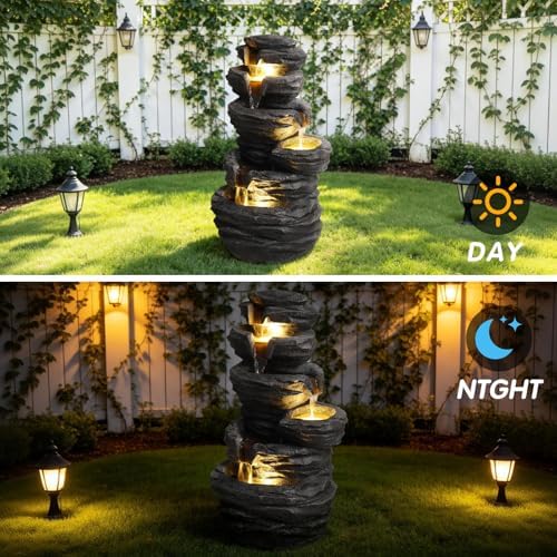 25.6''H Outdoor 6-Tiered Water Fountain with LED Lights, Outdoor Rock Design Cascading Fountains, Landscaping Fountain for Garden, Patio, Deck, Lawn, Balcony, Backyard and Home Decor, Black - Image 5
