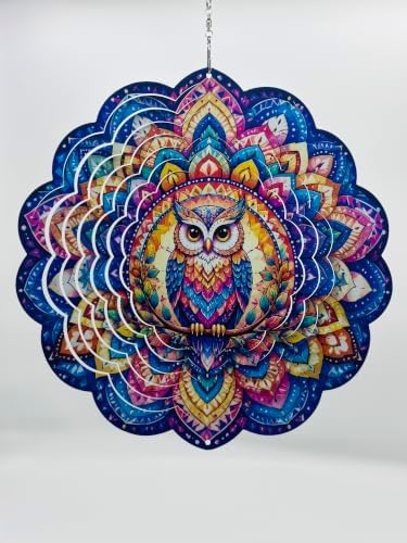 Shwing 12 Inch Wind Spinner Colorful Owl Mandala Hanging Decor Vibrant Boho Metal Ornament Outdoor Kinetic Garden Art 3D Wind Spinner for Patio Porch Balcony Backyard Decoration - Image 3