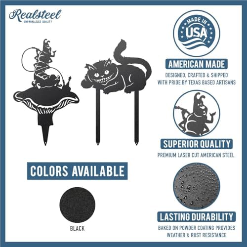 Alice in Wonderland Garden Stakes – Set 3: Caterpillar & Cheshire Cat – RealSteel Original – Rust or Black Outdoor Decor – Weatherproof American Steel – Made in USA (Black) - Image 6