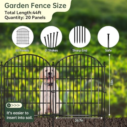20 Panels No Dig Decorative Garden Fence, 33in(H) x 44ft(L) Animal Barrier, Rustproof Metal Temporary Dog Fence for Outdoor Yard, Patio, Flower Bed - Image 2
