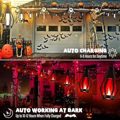 iBaycon 42FT 15 LED Solar Flame Halloween String Lights Outdoor, Red - Image 4