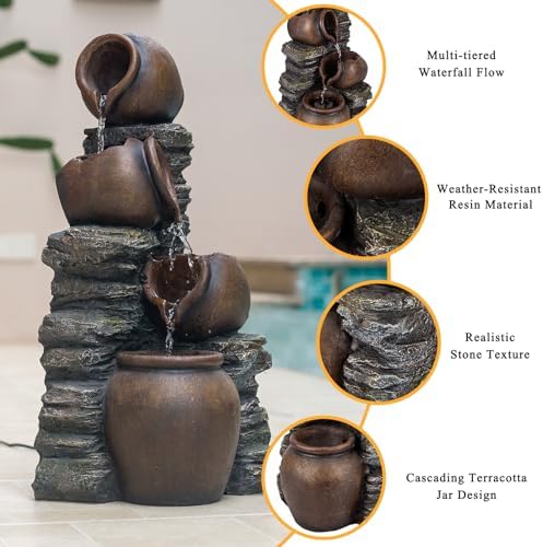 24.8" H Outdoor Water Fountain with Lights, 4-Tier Clay Pot Garden Fountain - Image 5