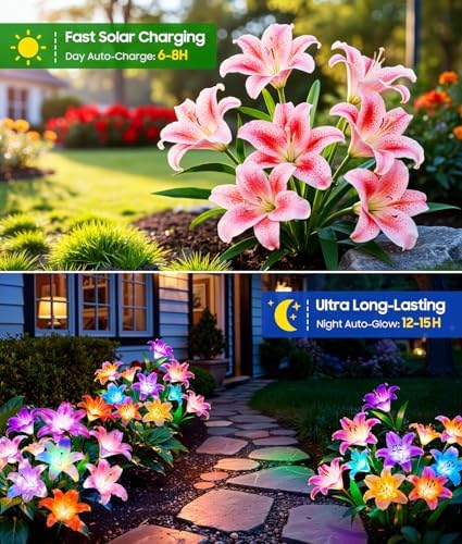 LETMY Solar Flower Lights, 4 Pack Solar Garden Lights with 24 Lily Flowers - Image 3