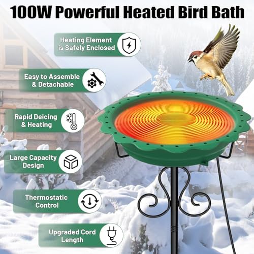 Heated Bird Baths for Outdoors, 100W Heated Birdbath Outside Winter, Green - Image 2