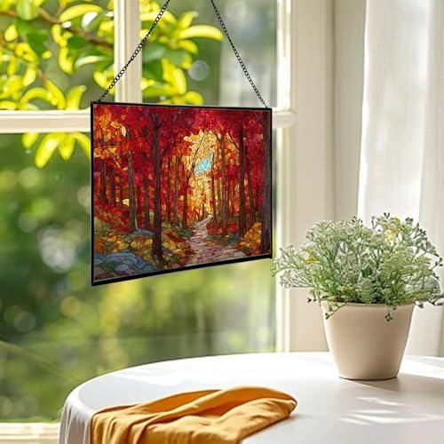 Path Through Glowing Autumn Forest Rectangular Stained Glass Suncatcher – Hanging Window Panel with Animal & Nature Scene – Vibrant Glass Art Gift for Wildlife, Fantasy, Nature Lovers s7FLYi - Image 2
