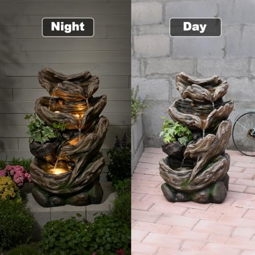 25.2" H Water Fountain Outdoor with LED Lights and Built-in Planter, Garden Water Feature with Tree Trunk Design for Patio Backyard Porch Decor - Image 4