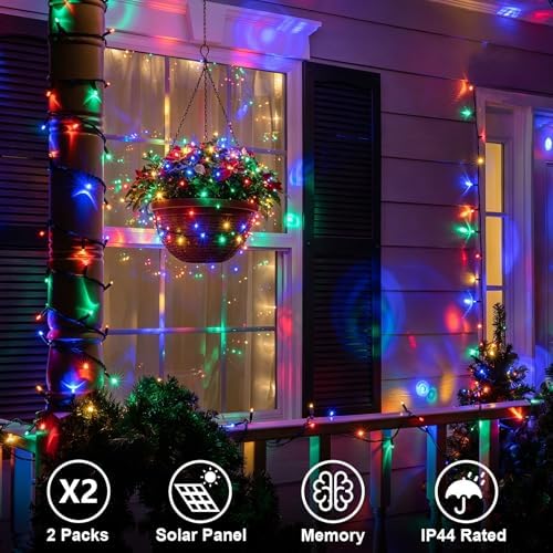 QITONG 2 Pack Multicolor Solar String Lights, Each 66ft 200 LED Solar Christmas Lights Outdoor Waterproof, 8 Modes Colored SolarTwinkle Lights for Outside - Image 2