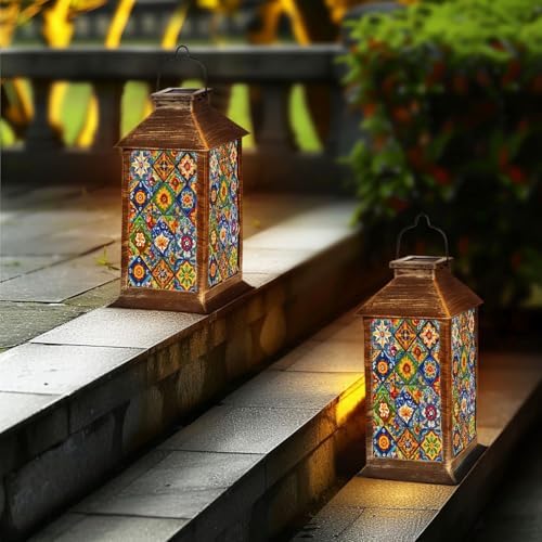 Solar Lantern Mexican Talavera Ceramic Tile Ethnic Folk Ornament Flowers Texture Outdoor Waterproof Hanging Solar Light Outside Lights for Patio Yard House Lawn Decor Birthday Gifts for Women Mom - Image 6