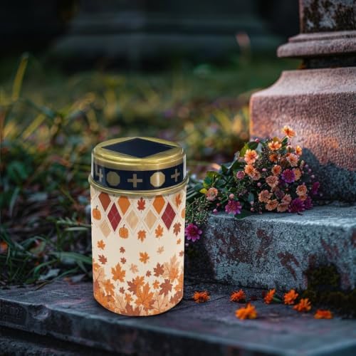 Poceacles Solar Powered Flameless Candle Cemetery Votive Candles Waterproof Outdoor Memorial Solar Stake Lights Home Outdoor Decoration, Fall Maple Leaf Pumpkin Print, Pack of 6 - Image 3