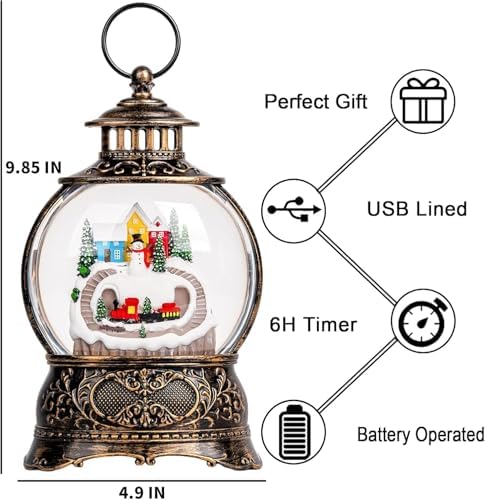 Christmas Village Snow Globe Water Lantern with Snowman and Train Scene Battery Operated or USB Powered Musical Lighted Holiday Decoration for Tabletop Display for Family and Friends - Image 2