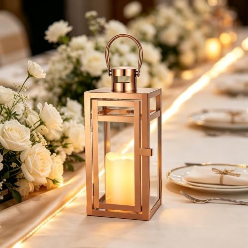 TRIROCKS Stainless Steel Decorative Lantern 12'' High Metal Candle Holder with Tempered Glass Perfect for Home Decor Living Room Parties Events Tabletop Indoors Outdoors (Rose Gold) - Image 2