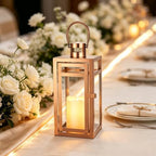 TRIROCKS Stainless Steel Decorative Lantern 12'' High Metal Candle Holder with Tempered Glass Perfect for Home Decor Living Room Parties Events Tabletop Indoors Outdoors (Rose Gold) - Image 2