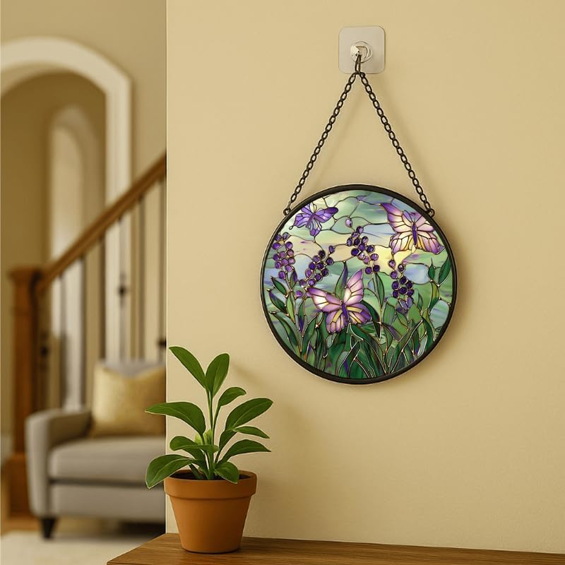 Purple Berries and Butterflies Stained Glass Window Hanging Panel – 11.8in Floral Nature Suncatcher Wall Art for Home Window Decor and Gift - Image 6