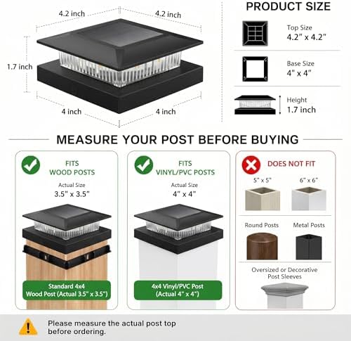 16 Pack Solar Post Cap Lights 4x4, Dual-Color Waterproof Fence Post Solar Lights, Fits 4x4 Vinyl or 3.5x3.5 Wood Posts, Dusk to Dawn Outdoor Lighting for Deck, Garden & Porch Decor, Black - Image 4