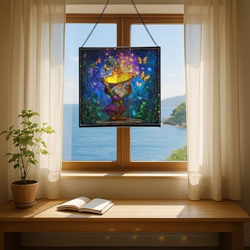 Magic Hat Gnome Stained Glass Suncatcher – Square Hanging Window Panel for Home or Greenhouse – Whimsical Glass Art Gift for Garden Lovers, Christmas, Halloween, Father Days IbK4m8 - Image 6