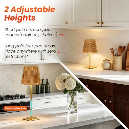 Waterproof Outdoor Rechargeable Cordless Set of 2 Table Lamp with Wicker Shade, Battery Operated Portable Table Light with Adjustable Height Pole, for Patio Restaurant Kitchen (Gold 2 Pack) - Image 7