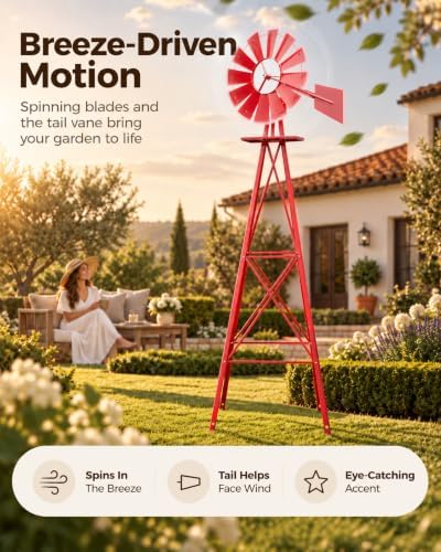 8FT Windmill for Yard Garden Decoration,Heavy Duty Outdoor Wind Mills, Large Metal Outdoor Windmill,Weather Resistant,Red - Image 4