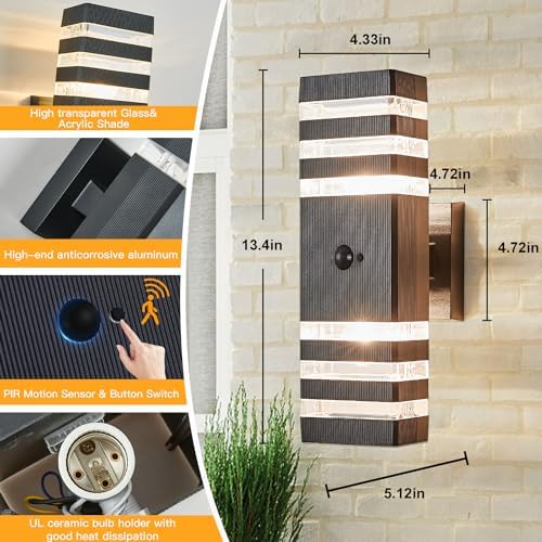 Motion Sensor Outdoor Wall Light Fixture Up Down Porch Lights Modern Dusk to Dawn Exterior Sconce Wall Mount Outside Coach Lantern for House Front Door Garage (Include 2 Free Dimmable Bulbs) - Image 4