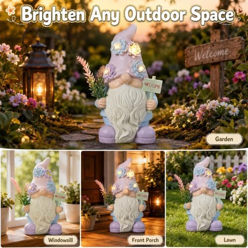 Solar Gnome with Succulent LED Lights and Welcome Sign, Lavender Garden Gnome Statue Decor for Patio, Yard, Balcony, Home, Lawn Ornaments, Birthday Gifts for Mom Women Grandma - Image 7