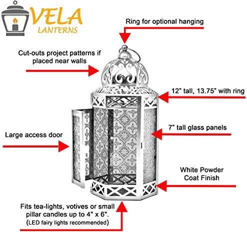 Vela Lanterns Decorative Indoor Candle Holder Table Centerpieces - Moroccan Hanging Outdoor Patio & Porch Home Decor, Turkish Lamp for Wedding, Ramadan (Large 12", White Red) - Image 5