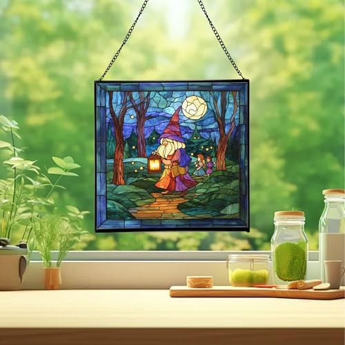 Gnome with Lantern Stained Glass Suncatcher – Square Hanging Window Panel for Home, Garden, Nursery, Halloween, Christmas, Memorial Day – Whimsical Glass Art Gift for Gnome Lovers ihs2et - Image 2