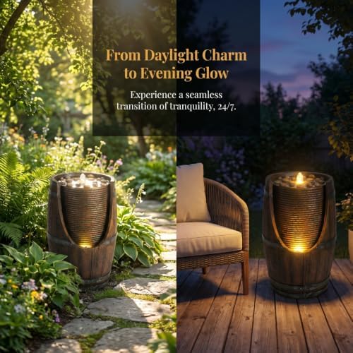 Outdoor Barrel Water Fountain with Lights Rustic Wood Look Resin Handmade Waterfall Garden Decor for Patio Yard Porch - Image 5