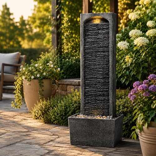 Teamson Home 38.5" Faux Slate Outdoor LED Waterfall Fountain, Gray/Black - Image 4