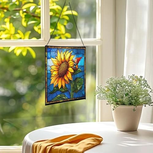 Sunflower Climb Gnome Stained Glass Suncatcher – Square Hanging Window Panel for Home or Greenhouse – Whimsical Glass Art Gift for Garden Lovers, Christmas, Halloween, Father Days 6Bzlqz - Image 3