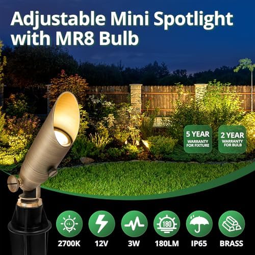 GKOLED Low Voltage Solid Brass LED Spotlight with MR8 Bulb, Outdoor Waterproof Landscape Lighting, Adjustable Uplights with Stake for House Garden Trees Lawn Patio Yard Fence, 3W 12V 180LM 2700K - Image 2