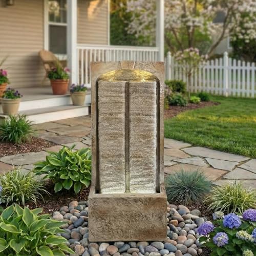 39.37''H Outdoor Water Fountain with Pump, Modern Cascading Freestanding Wall Fountain, Weather-Resistant Garden Water Feature with LED Lights, Outdoor Waterfall Fountains for Patio Porch Law, Brown - Image 4