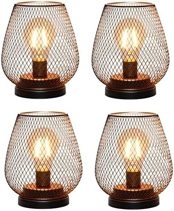 TRIROCKS Set of 4 Battery Operated Lamp LED Table Lantern, Metal Cage Cordless Lamps with LED Bulb，Vintage Decorative Outdoor Lantern for Weddings, Parties, Patio, Events for Indoors Shelf Decor by TRIROCKS