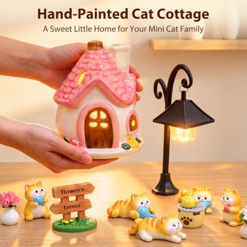 Miniature Cat Village, Ceramic House Light, Street Lamp, Desk Decor - Image 2