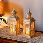 JHY DESIGN Set of 2 Rustic Decorative Lanterns 10" H Vintage Hanging Lantern Metal Candleholder for Indoor Outdoor, Events, Parities, Patio and Wedding(White with Gold Brush) - Image 2