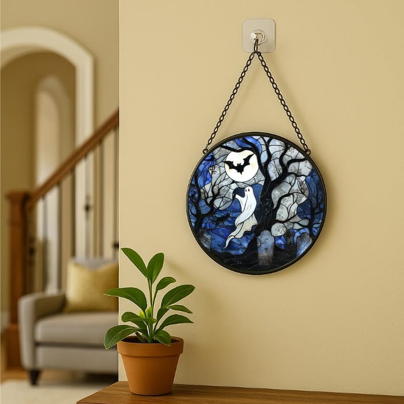 Stained Glass Window Hanging - 11.8in Spirits, Cat and Full Moon Graveyard Scene Sun Catchers Panel for Indoor Decorative Display for Mom, Wife, Lovers, Festive - Image 6