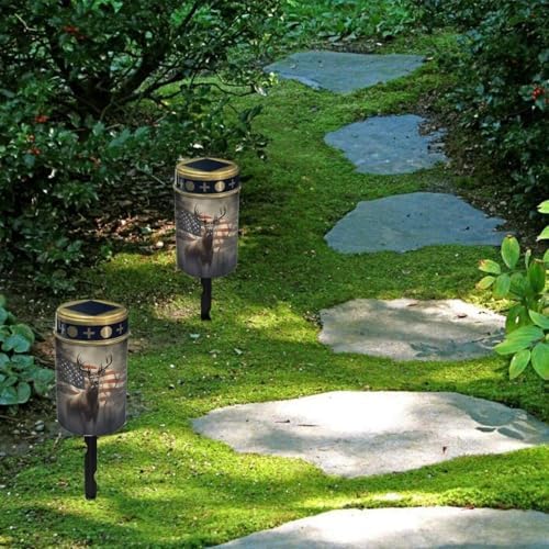 Poceacles Outdoor Lights Solar Powered Flameless Candle Cemetery Votive Candles Waterproof Outdoor Memorial Candle Solar Stake Lights 4th of July Patriotic Decor, Deer American Flag Retro, Pack of 6 - Image 4