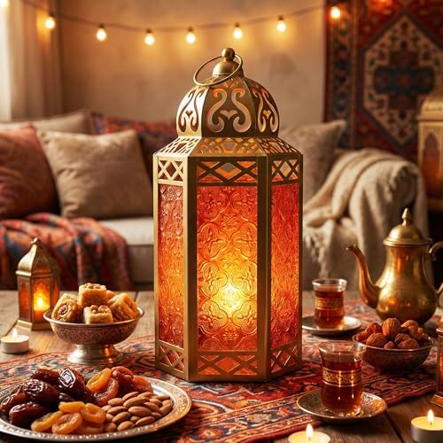 Vela Lanterns 12" Metal Moroccan Decorative Candle Lantern Holders for Hanging or Table, Indoor Home Decor, Outdoor Patio or Porch, Weddings, Gold, Amber Glass, Large - Image 5
