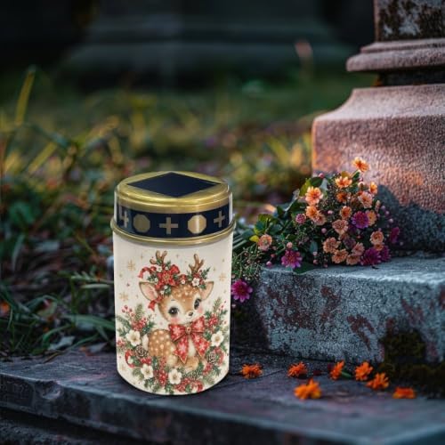 Poceacles Solar Outdoor Lights Winter Holiday Christmas Solar Grave Lights Cemetery Candles Decorative LED Automatic Flameless Candle, Cute Deer Christmas Poinsettia, 4 Piece - Image 3